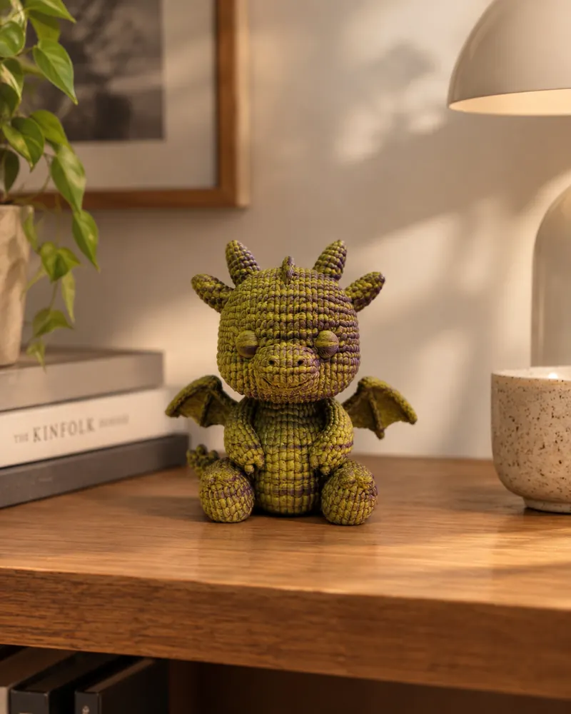 Green dragon figure with a knitted texture on a wooden shelf