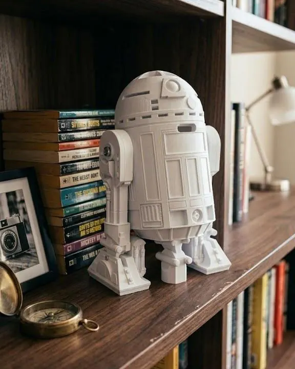 White robot figure on a bookshelf